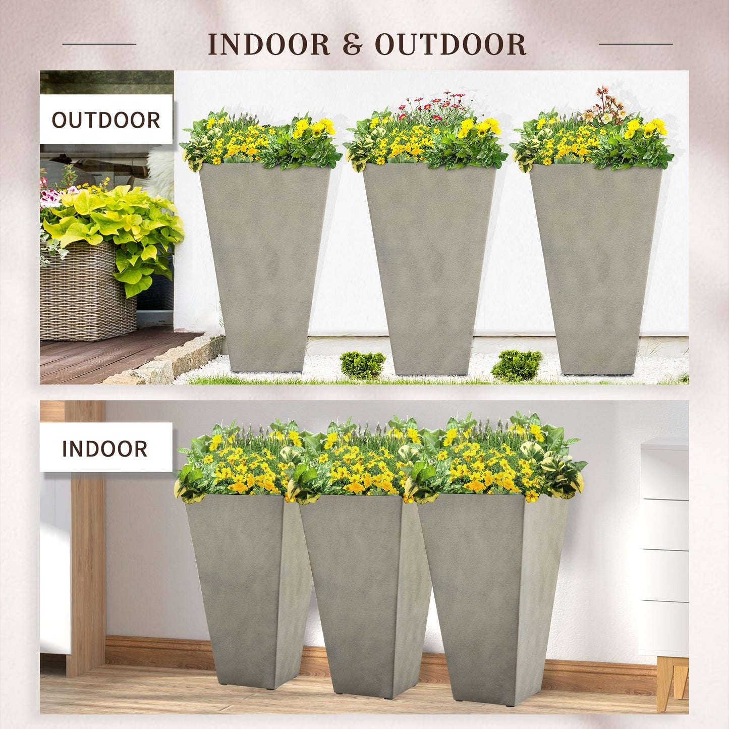 28" Set of 3 Large Outdoor & Indoor Plastic Garden Planters