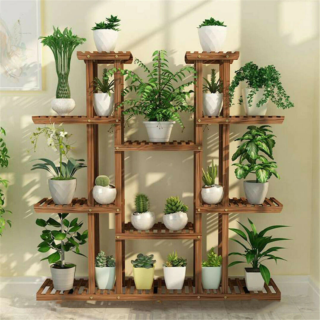 Wooden Multi-Tier Plant Stand, Wood Flower Rack Holder 16 Potted Display Storage Shelves - 46in