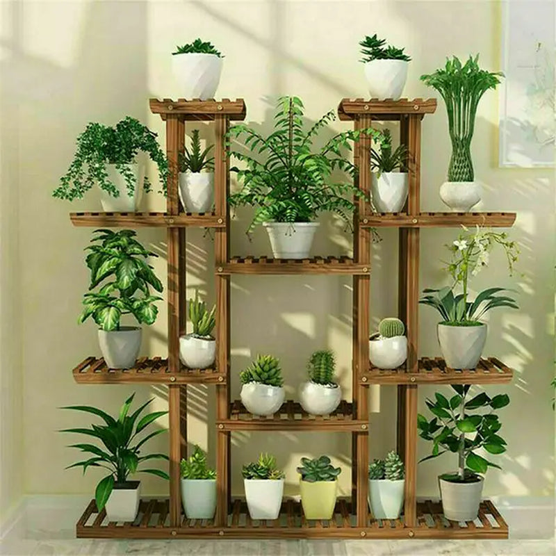 Wooden Multi-Tier Plant Stand, Wood Flower Rack Holder 16 Potted Display Storage Shelves - 46in